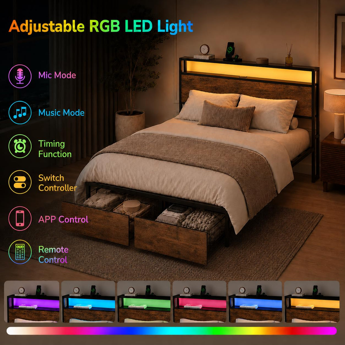 Full Size Bed Frame with Storage Drawers, Headboard, LED Light, Charging Station A200
