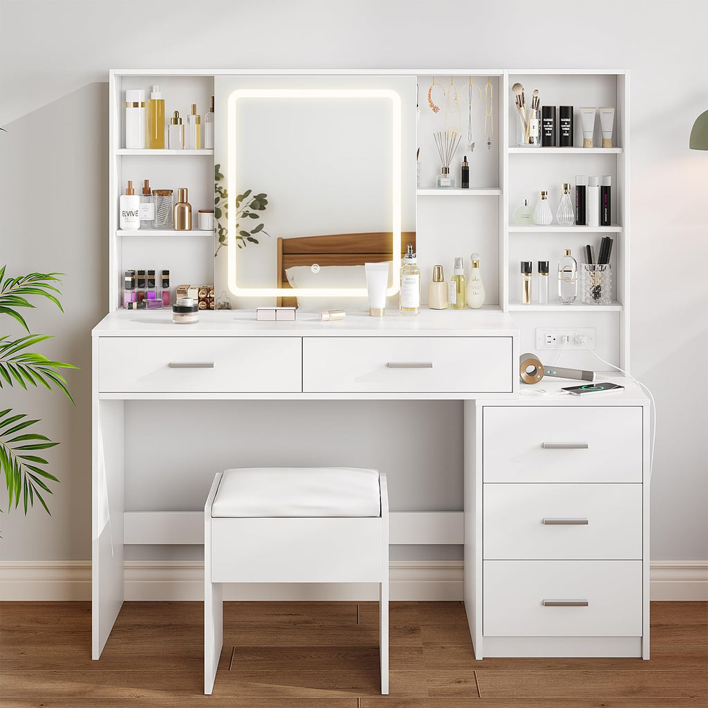 White Vanity Desk with Lighted Sliding Mirror, 5 Drawers and Stool Set F183703