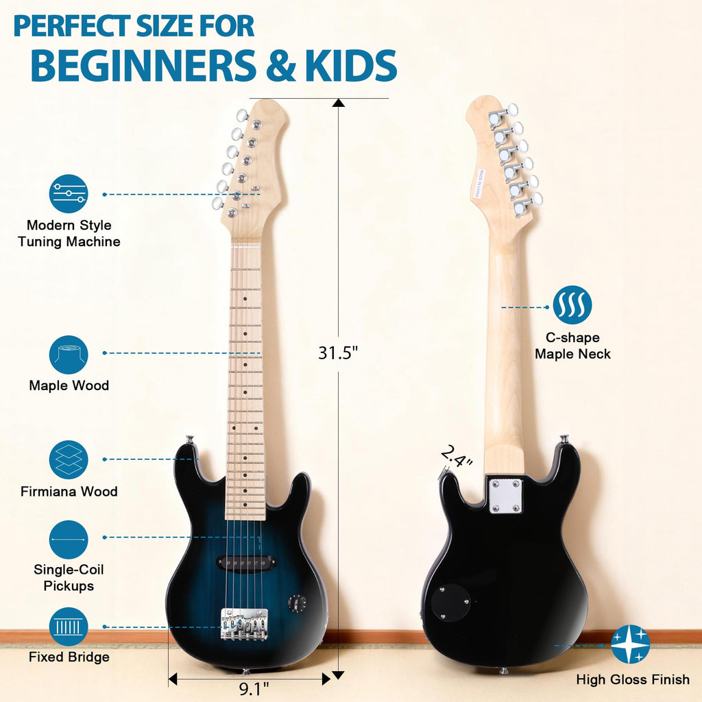30 Inch Blue Solid Wood Electric Guitar Starter Kit with Amplifier N960