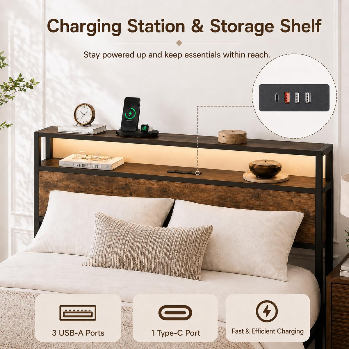 Full Size Bed Frame with Storage Drawers, Headboard, LED Light, Charging Station A200