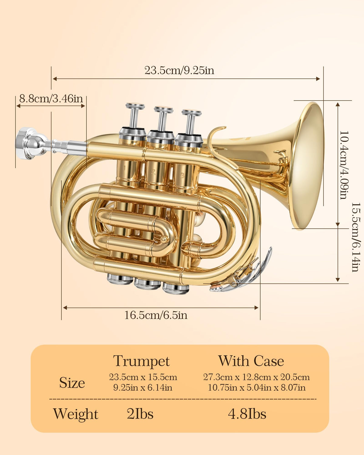 B Flat Brass Pocket Trumpet with 7C Mouthpiece and Hard Case N927