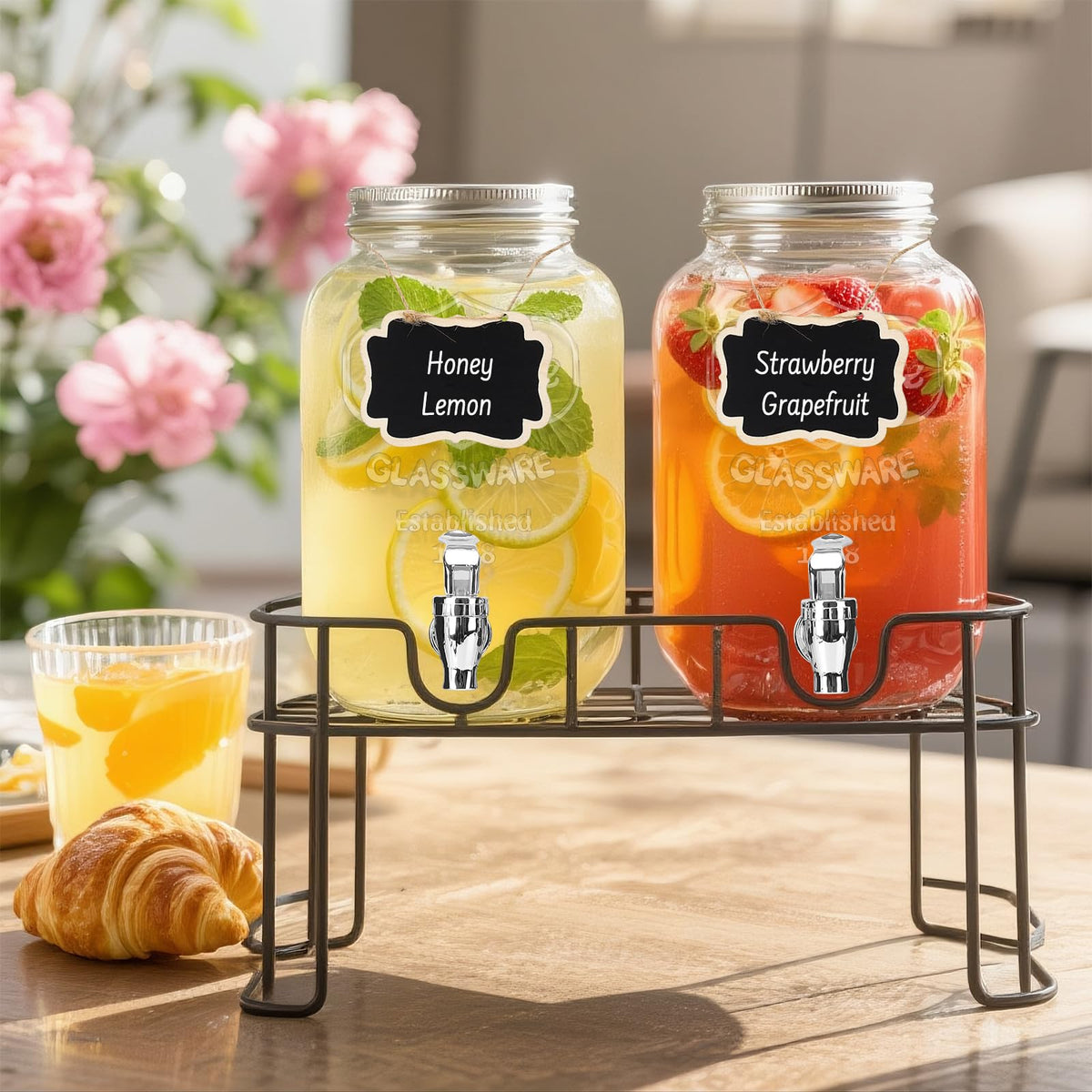 2 Pack 1 Gallon Glass Drink Dispensers with Ice Core U961149