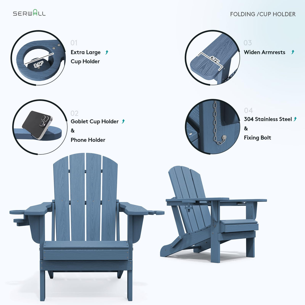 Blue Foldable Adirondack Chair Set of 2 with Cup Holders F591