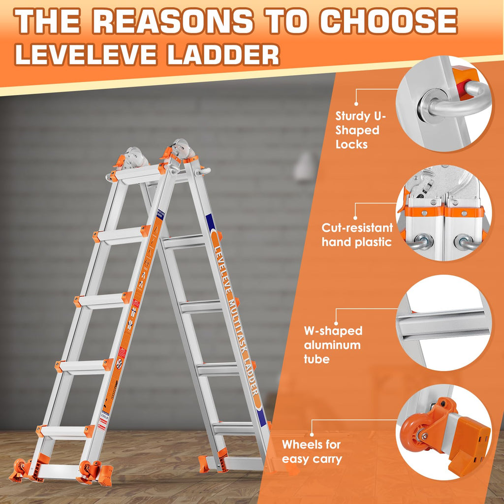 Telescoping A Frame Ladder, 17FT Multi Position Ladder with Stabilizer Bar & Wheels W3794