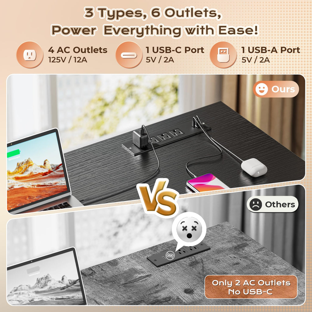 63 Inch L Shaped Desk with Power Outlets and USB-C Port, Black D31729