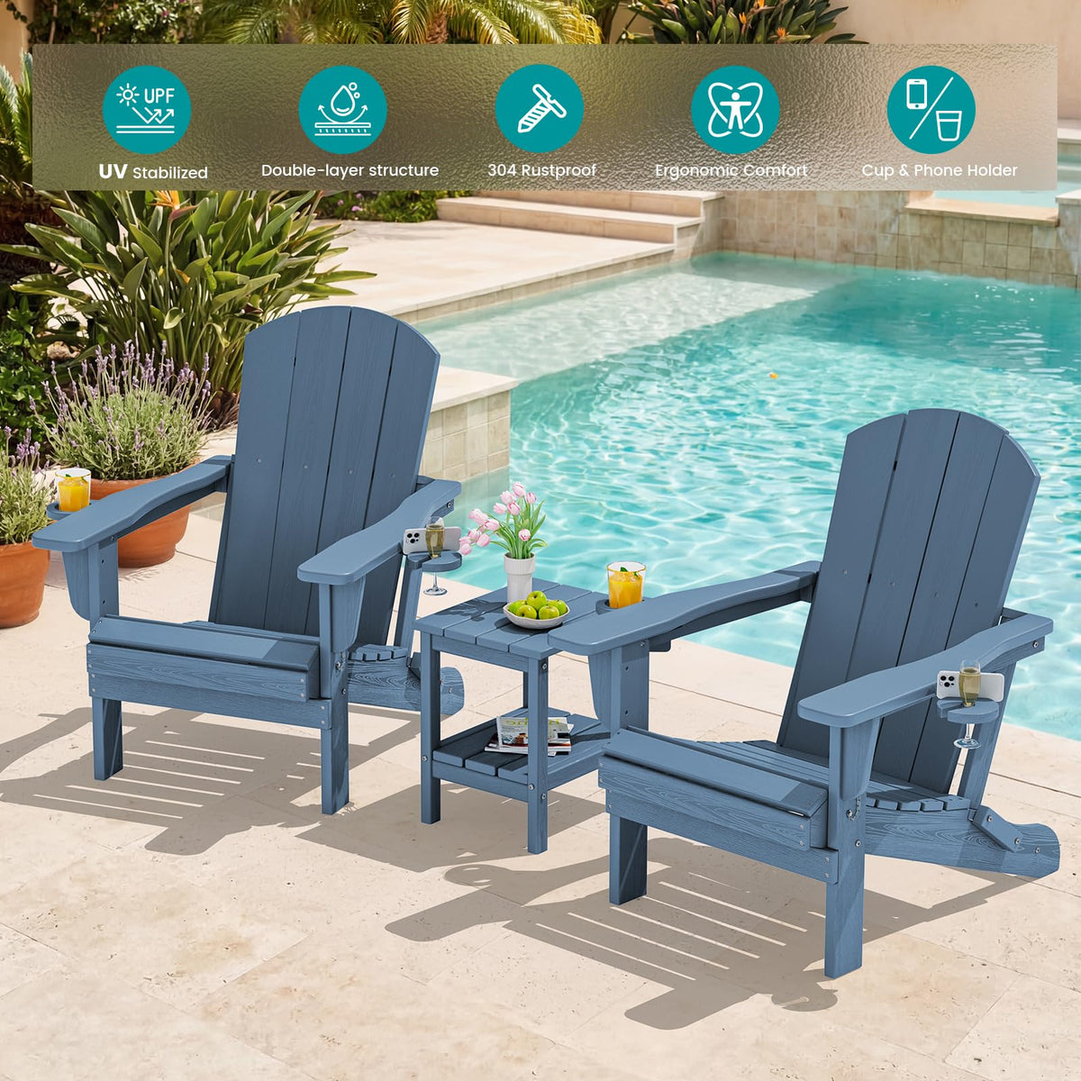 Blue Foldable Adirondack Chair Set of 2 with Cup Holders F591