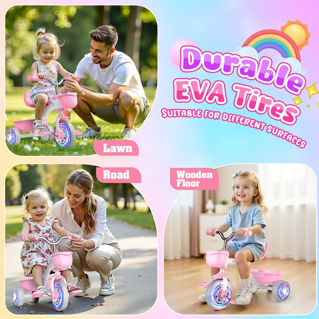 Pink Toddler Tricycle with Adjustable Seat and Light Wheels I535182