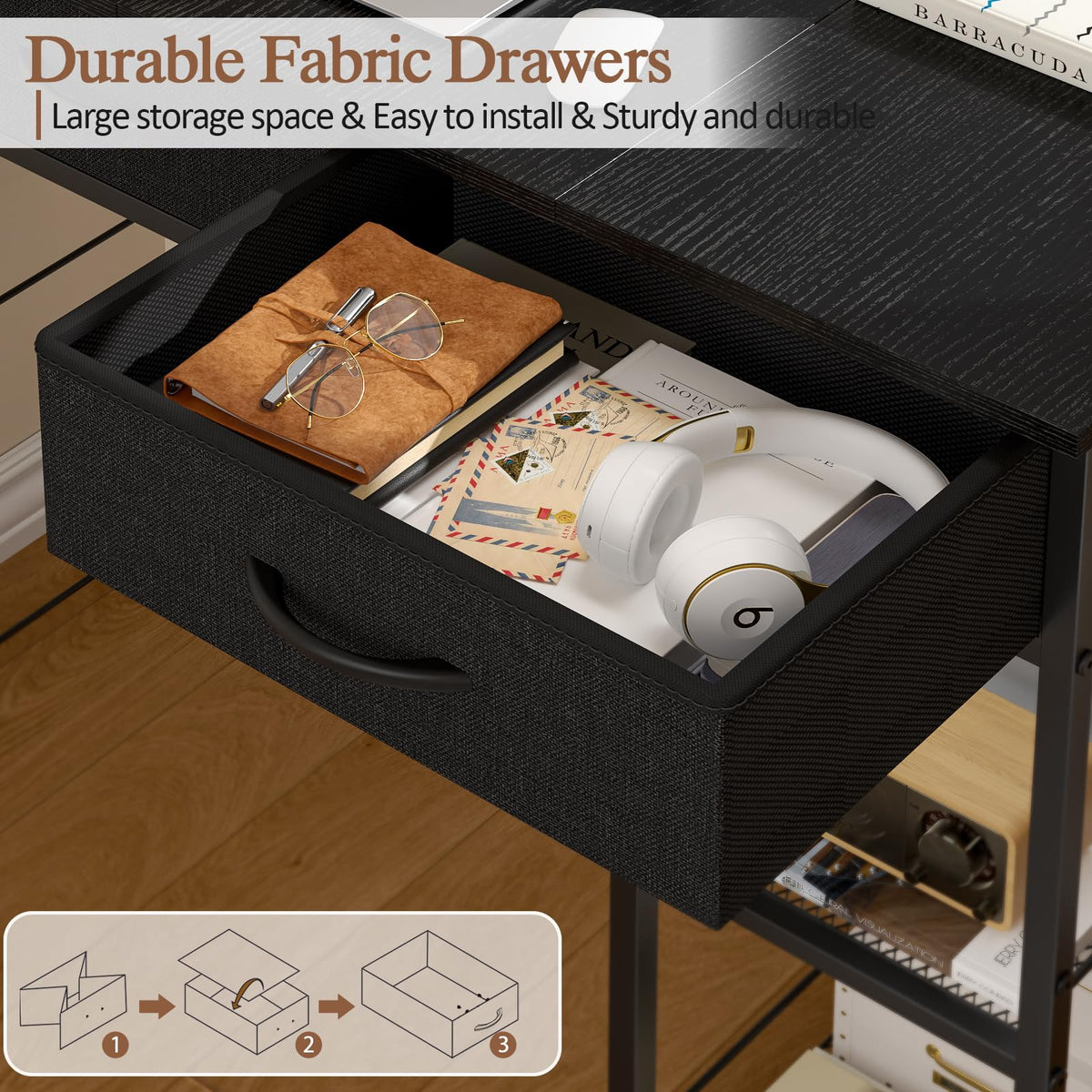 Black Small Writing Desk with 2 Drawers and Storage Shelf M447