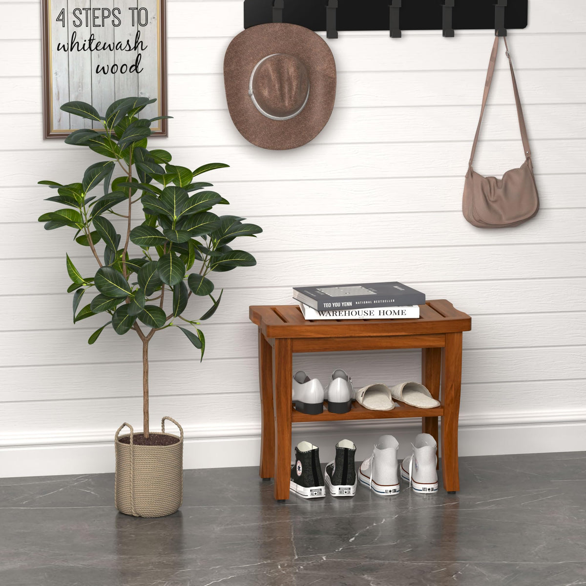 Teak Shower Bench Stool with Storage Shelf D3130