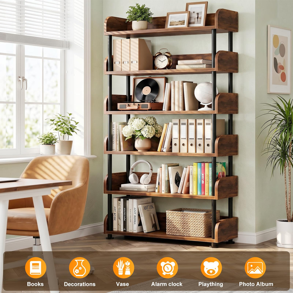 6-Tier Tall Open Bookshelf with Metal Frame Y555