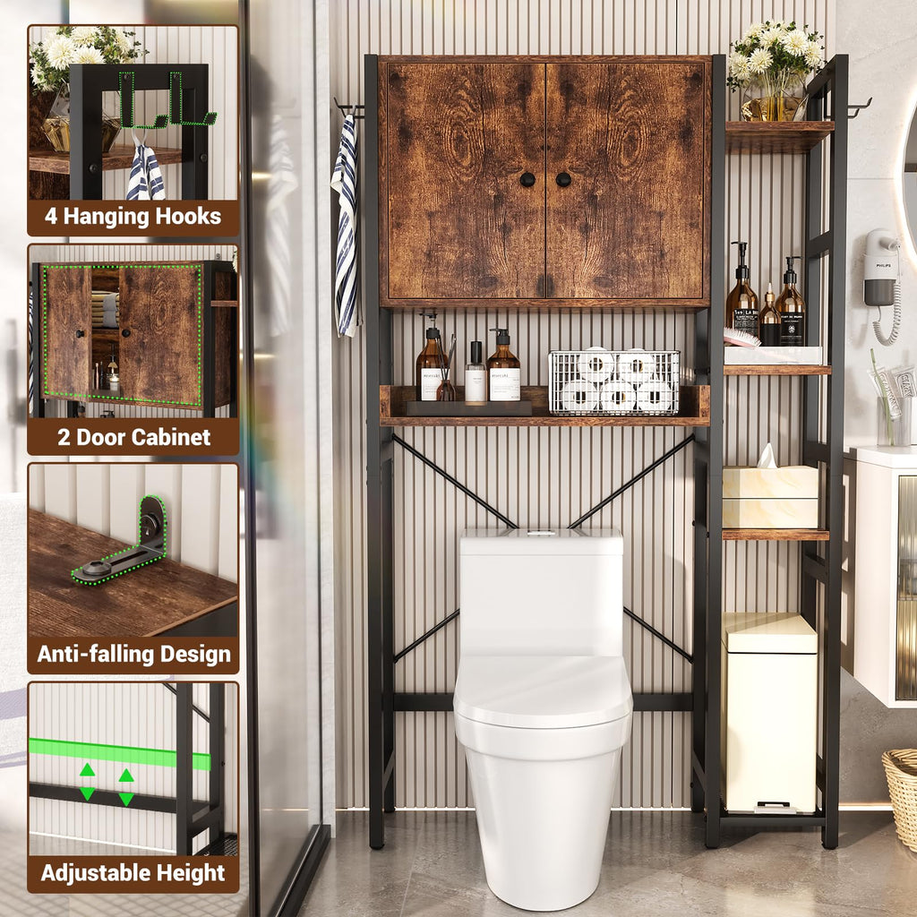 Over The Toilet Storage Cabinet with Doors, 7 Tier Bathroom Organizer with Adjustable Shelf V180155