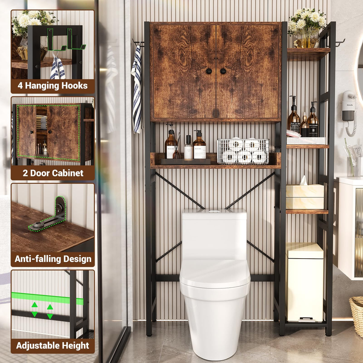 Over The Toilet Storage Cabinet with Doors, 7 Tier Bathroom Organizer with Adjustable Shelf V180155