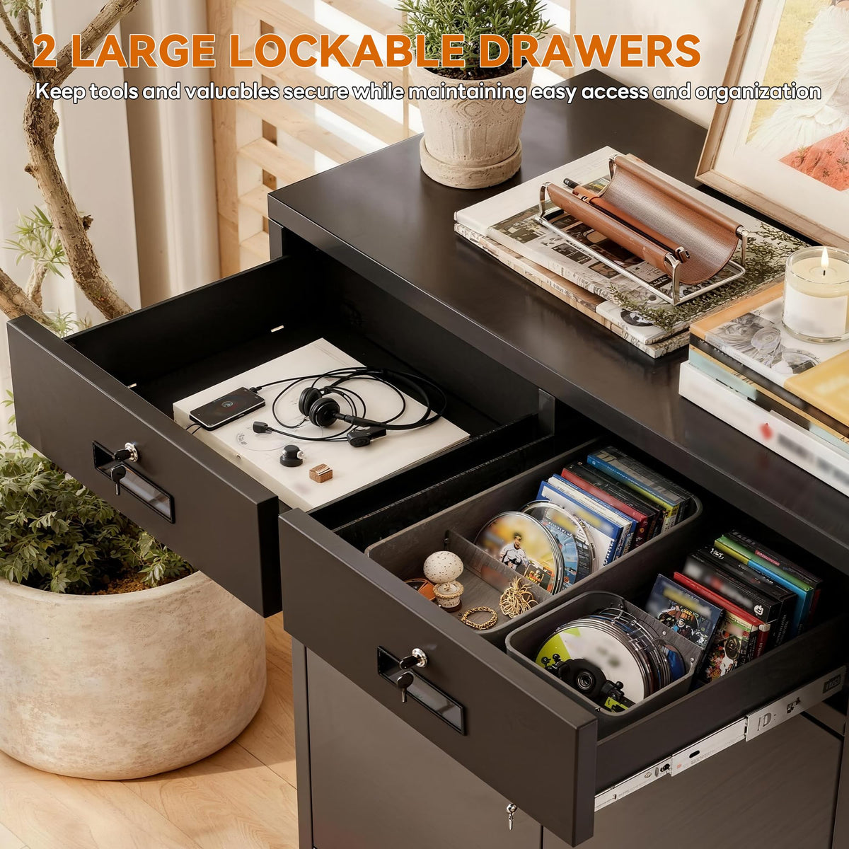 Black Metal Storage Cabinet with 2 Drawers H976143