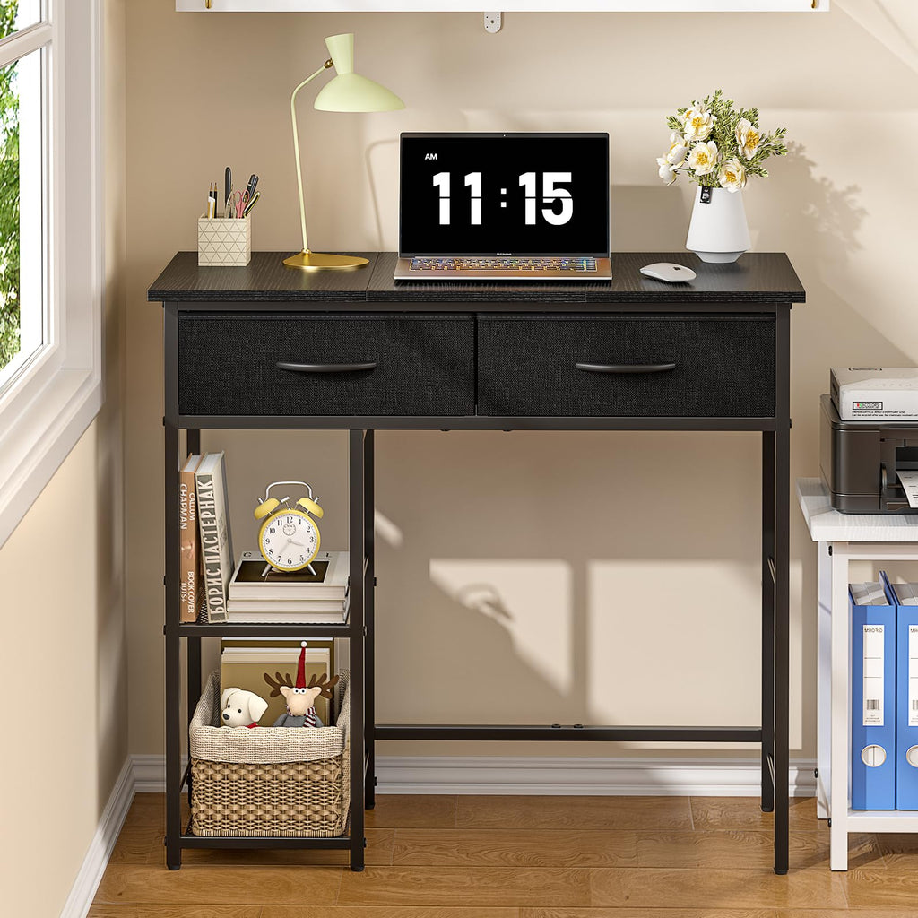 Black Small Writing Desk with 2 Drawers and Storage Shelf M447