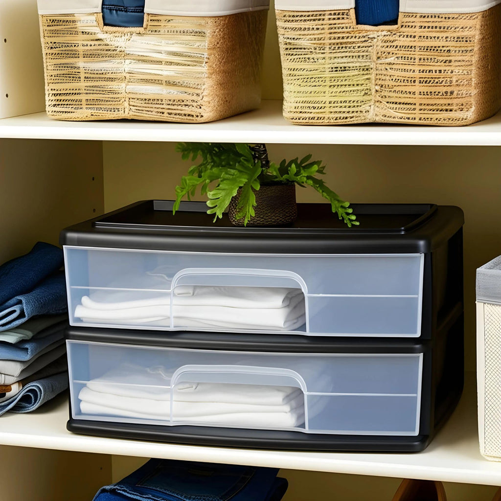 2-Tier Black Storage Drawer Tower, 2 Pack O956