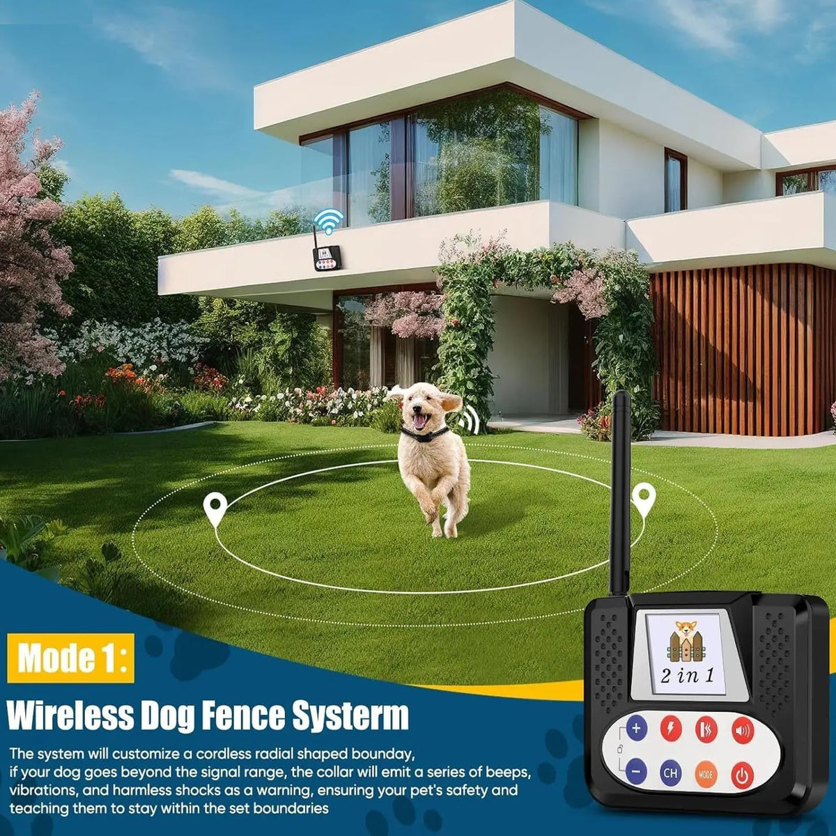 Wireless Electric Dog Fence & Remote Training Shock Collar, Waterproof, Up to 8 Acre A609