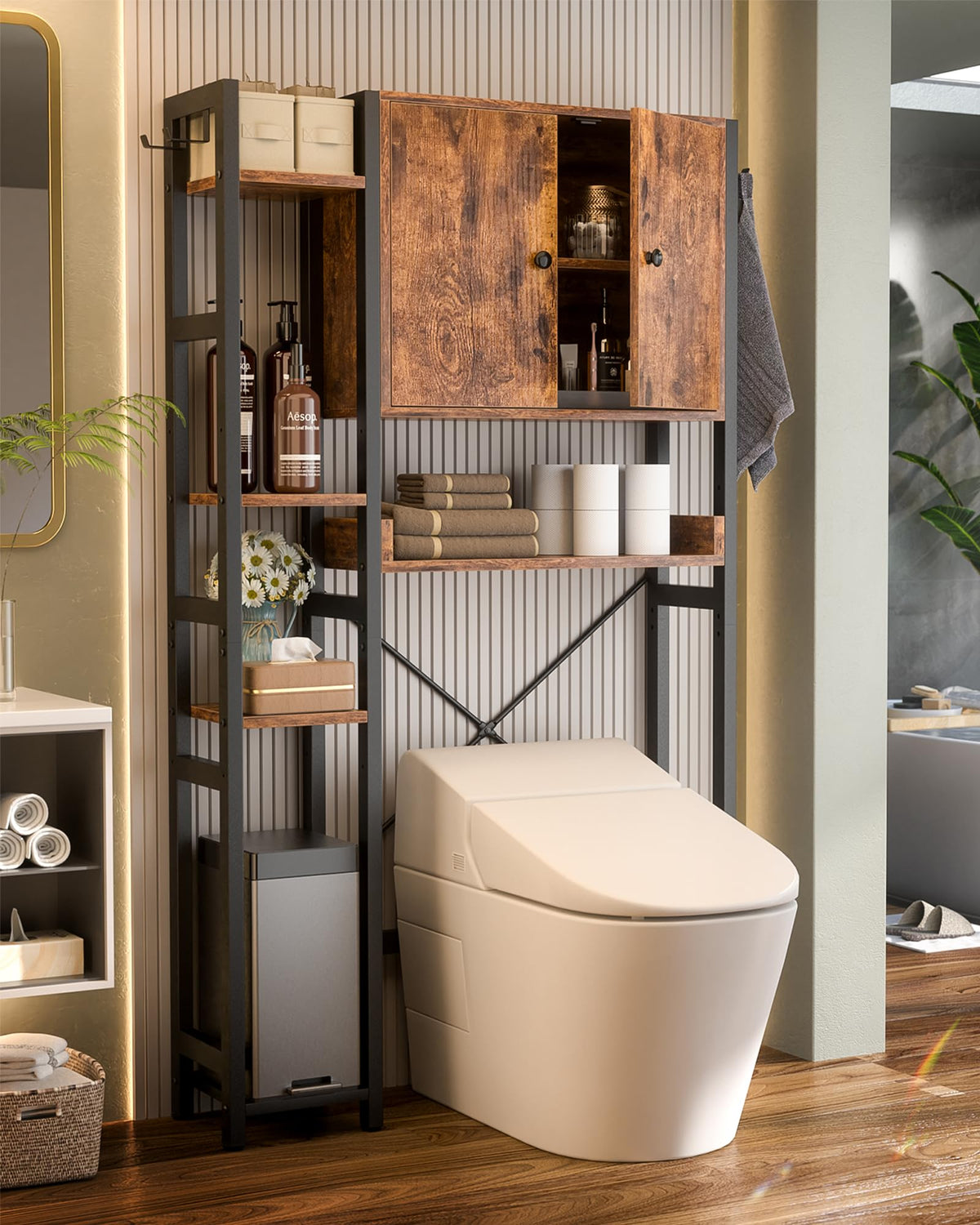 Over The Toilet Storage Cabinet with Doors, 7 Tier Bathroom Organizer with Adjustable Shelf V180155