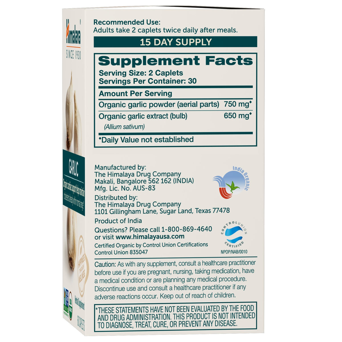 USDA Organic Garlic Supplements 1400 mg 60 Caplets T171214