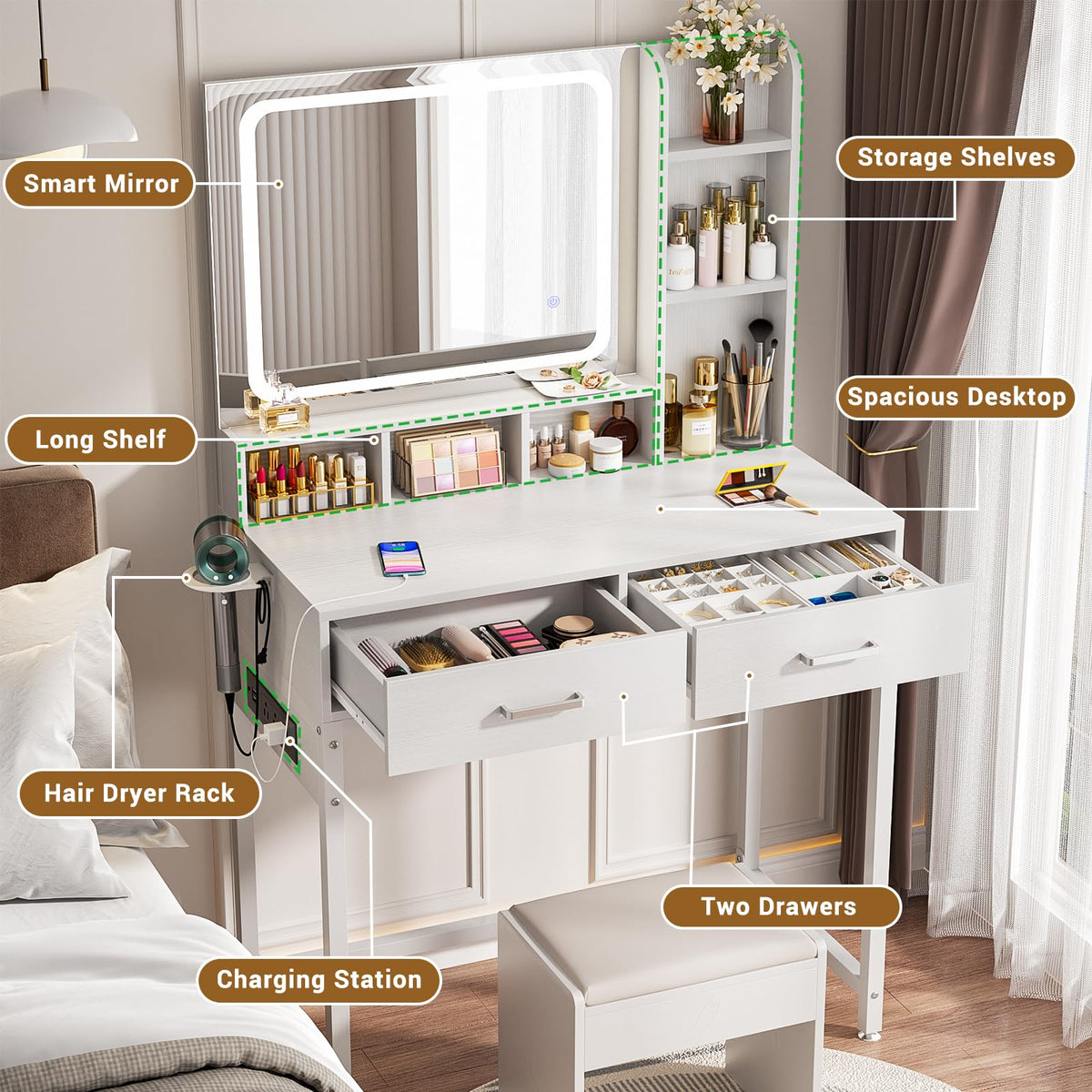 White Vanity Desk with Mirror and Drawers N78345