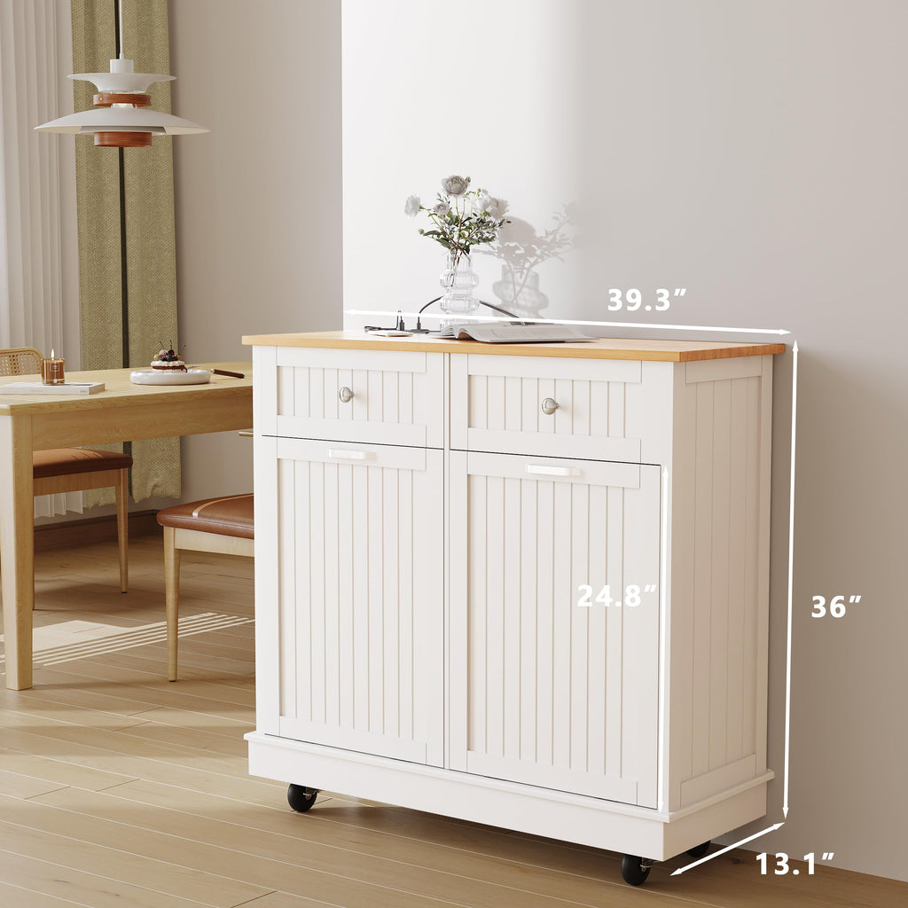 20 Gallon Wooden Tilt-Out Trash Can Cabinet with 2 Drawers, White H7314