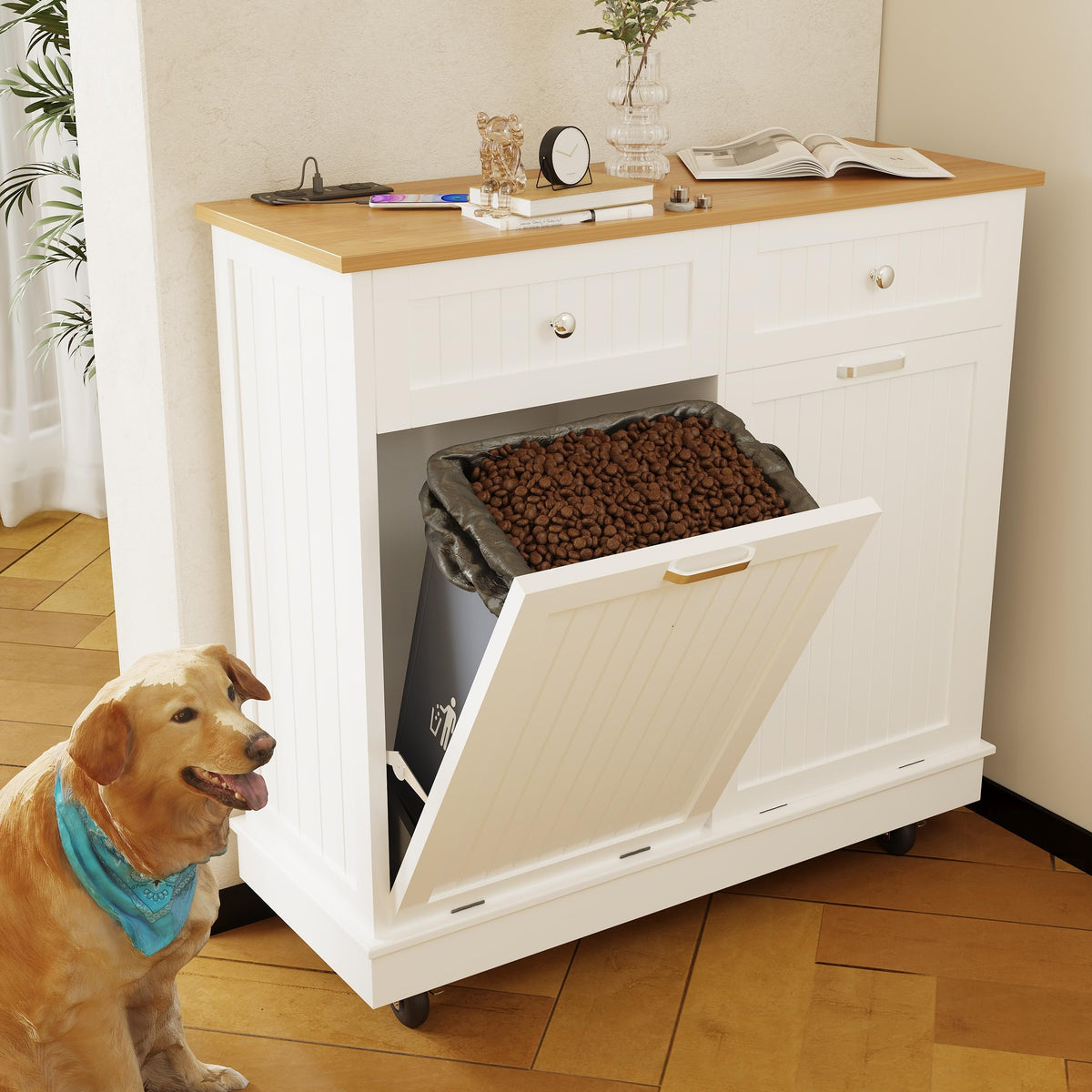 20 Gallon Wooden Tilt-Out Trash Can Cabinet with 2 Drawers, White H7314