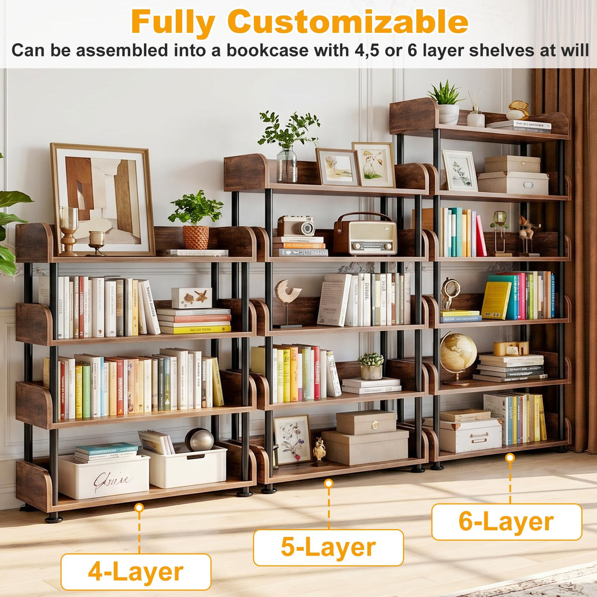 6-Tier Tall Open Bookshelf with Metal Frame Y555