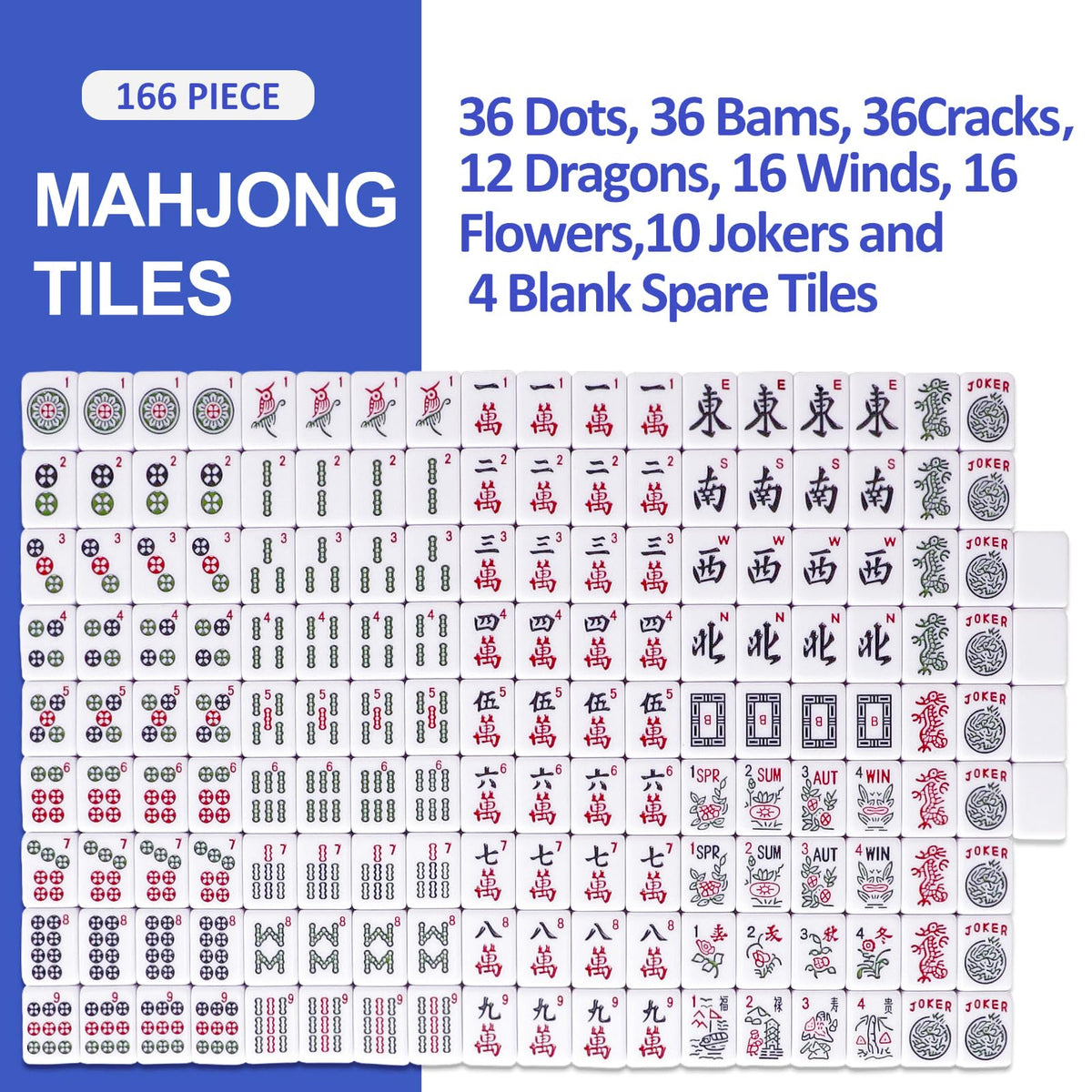 166 Blue Mahjong Tile Set with Bag and 4 All-in-One Rack/Pushers S84194