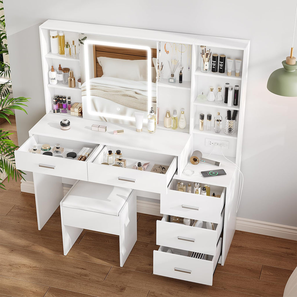 White Vanity Desk with Lighted Sliding Mirror, 5 Drawers and Stool Set F183703