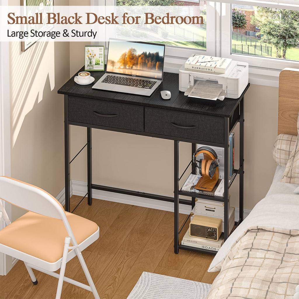 Black Small Writing Desk with 2 Drawers and Storage Shelf M447