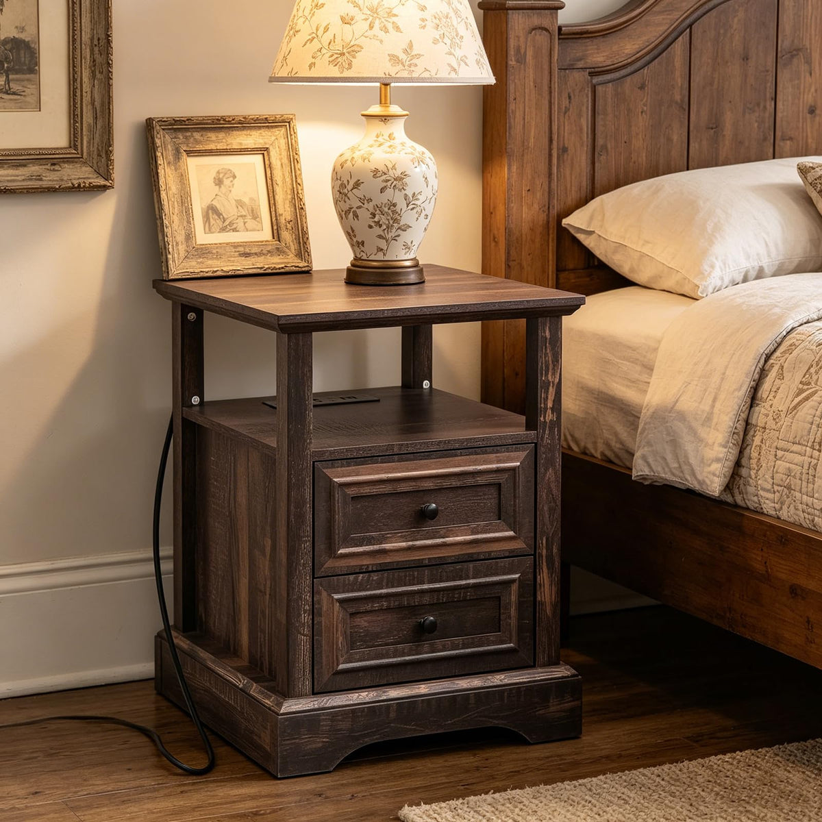 24" Tall Nightstand Set of 2 with Charging Station, 2 Drawers G27693