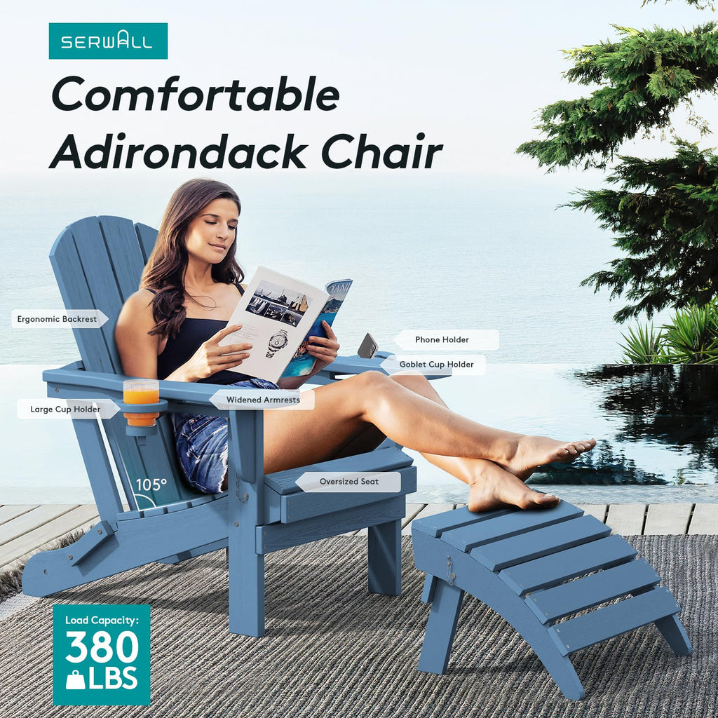 Blue Foldable Adirondack Chair Set of 2 with Cup Holders F591