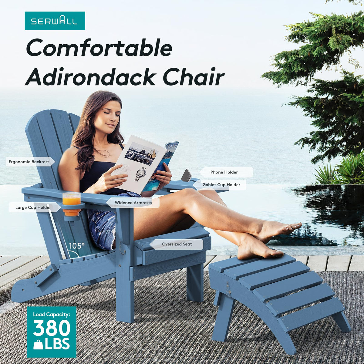 Blue Foldable Adirondack Chair Set of 2 with Cup Holders F591
