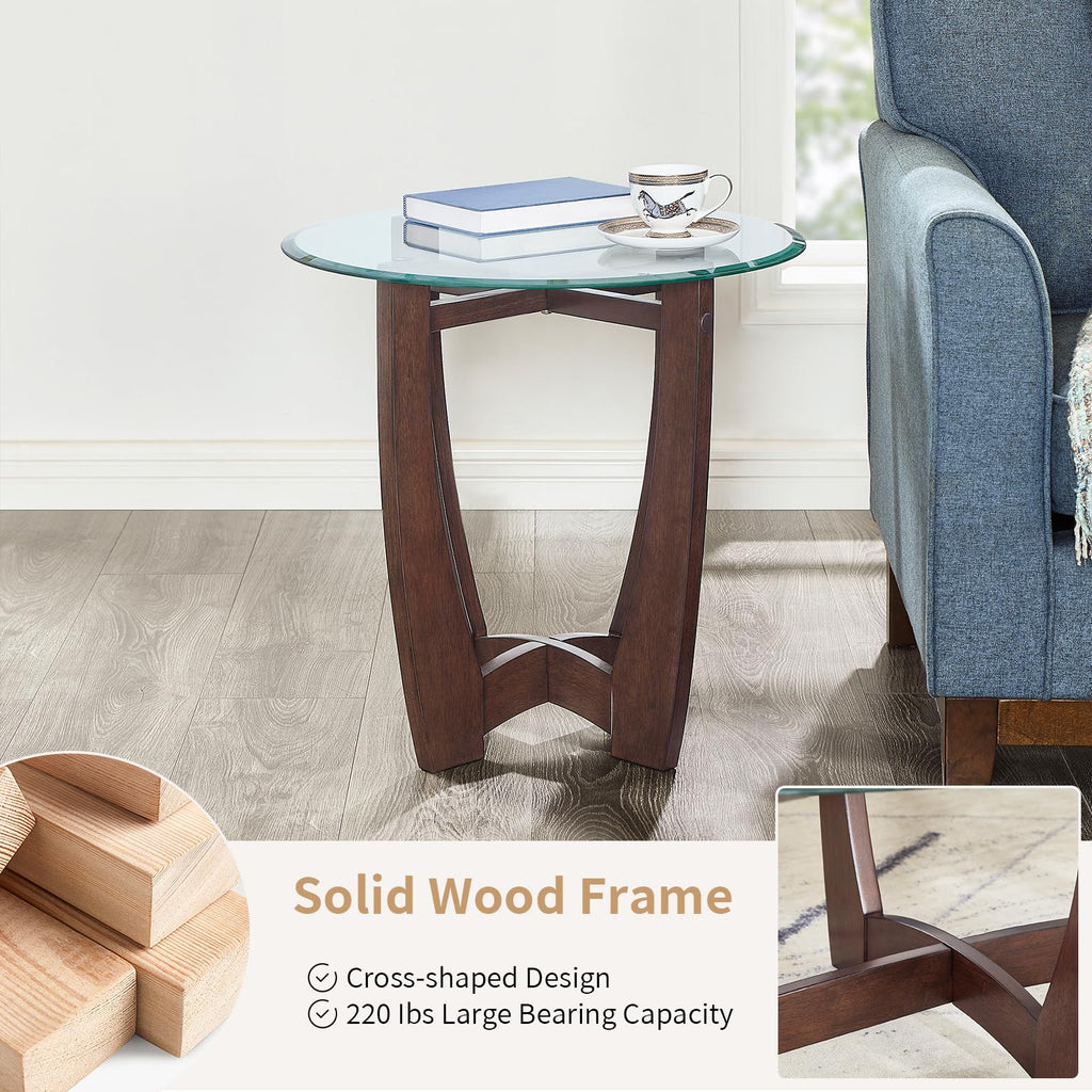 Round Glass End Table with Wood Base N4839