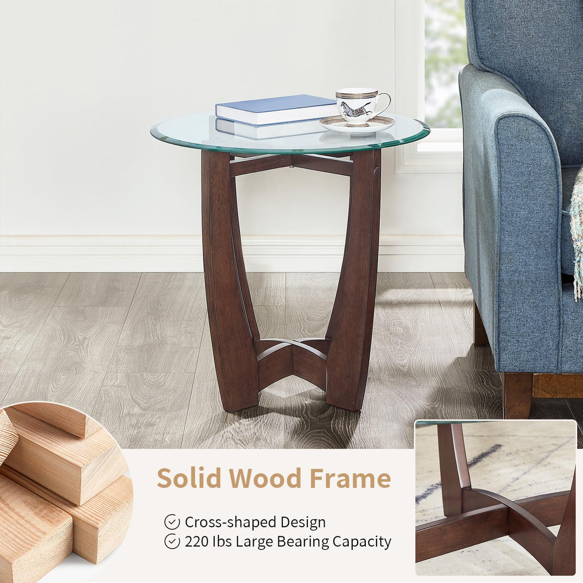 Round Glass End Table with Wood Base N4839