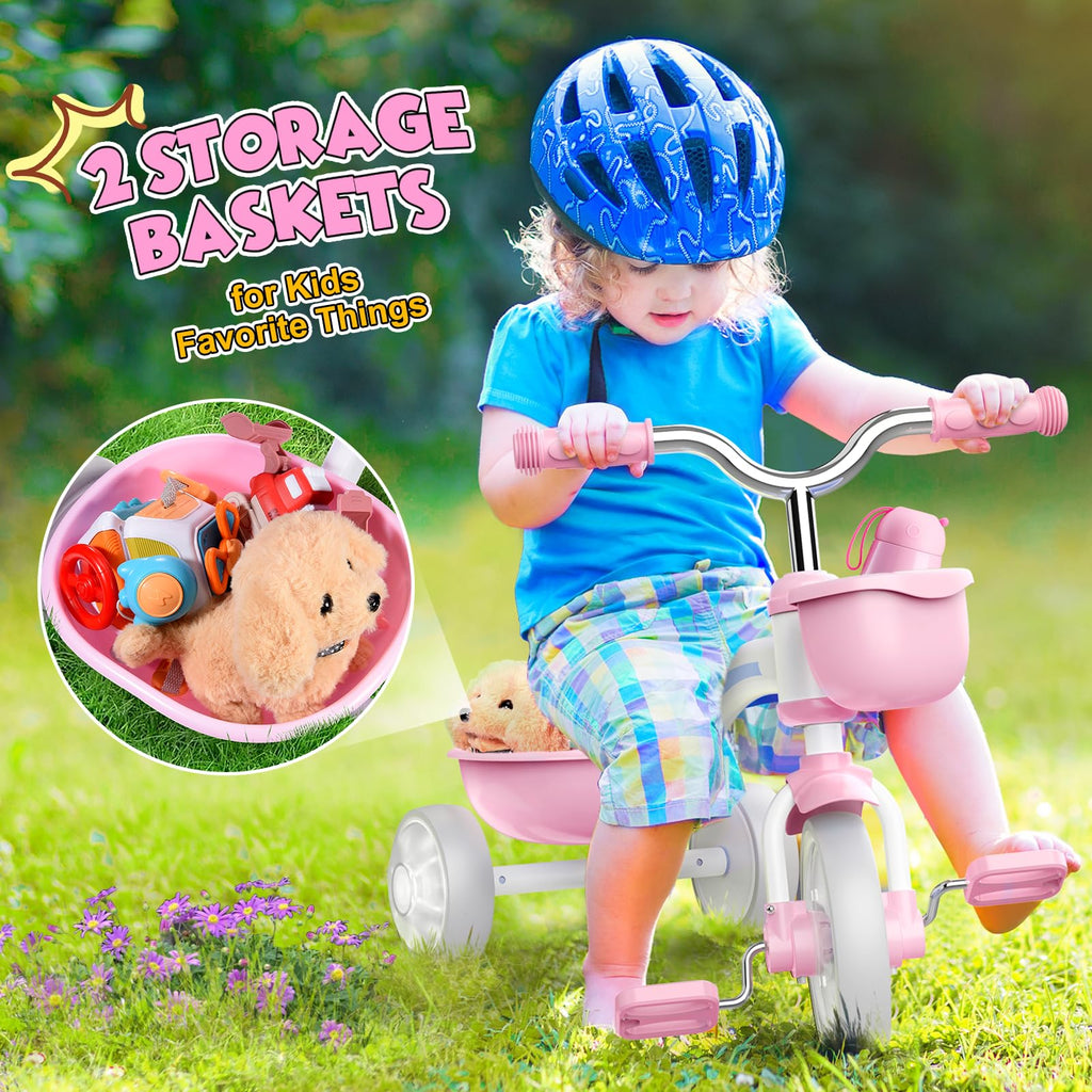 Pink Toddler Tricycle with Adjustable Seat and Light Wheels I535182