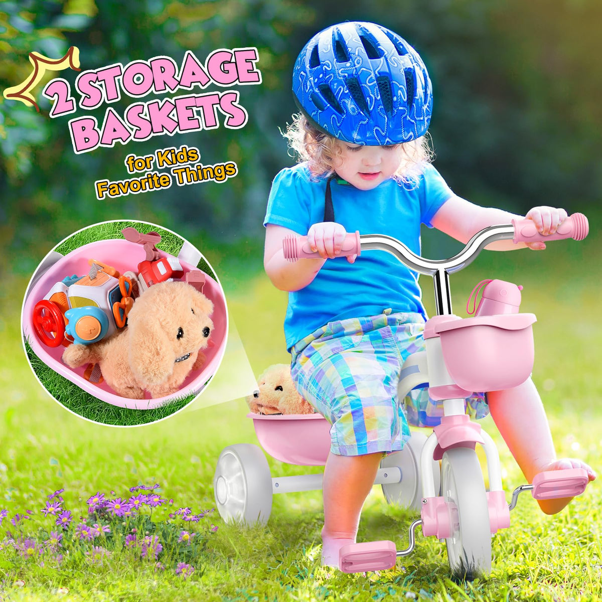 Pink Toddler Tricycle with Adjustable Seat and Light Wheels I535182