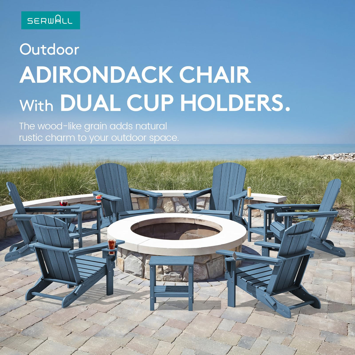 Blue Foldable Adirondack Chair Set of 2 with Cup Holders F591