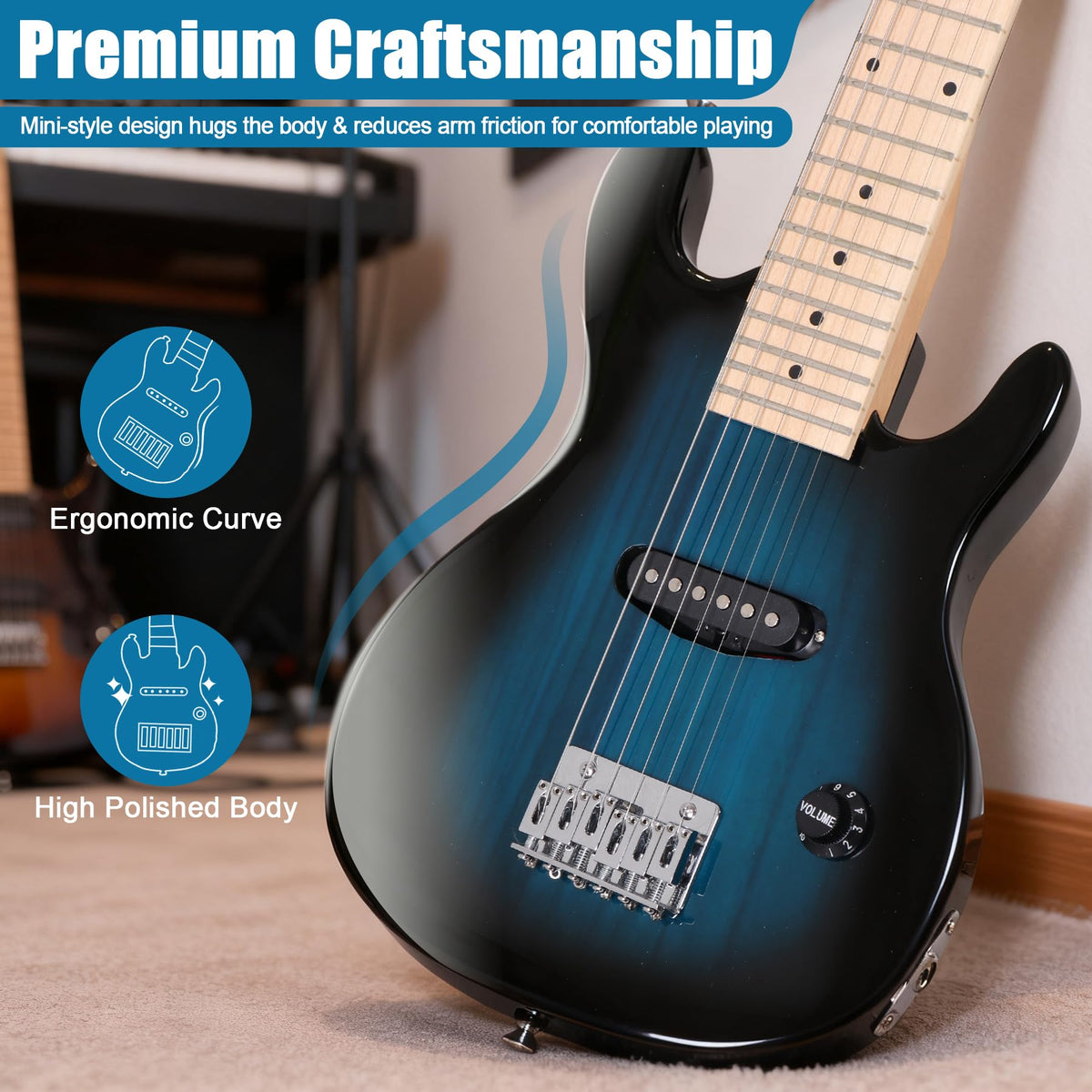30 Inch Blue Solid Wood Electric Guitar Starter Kit with Amplifier N960