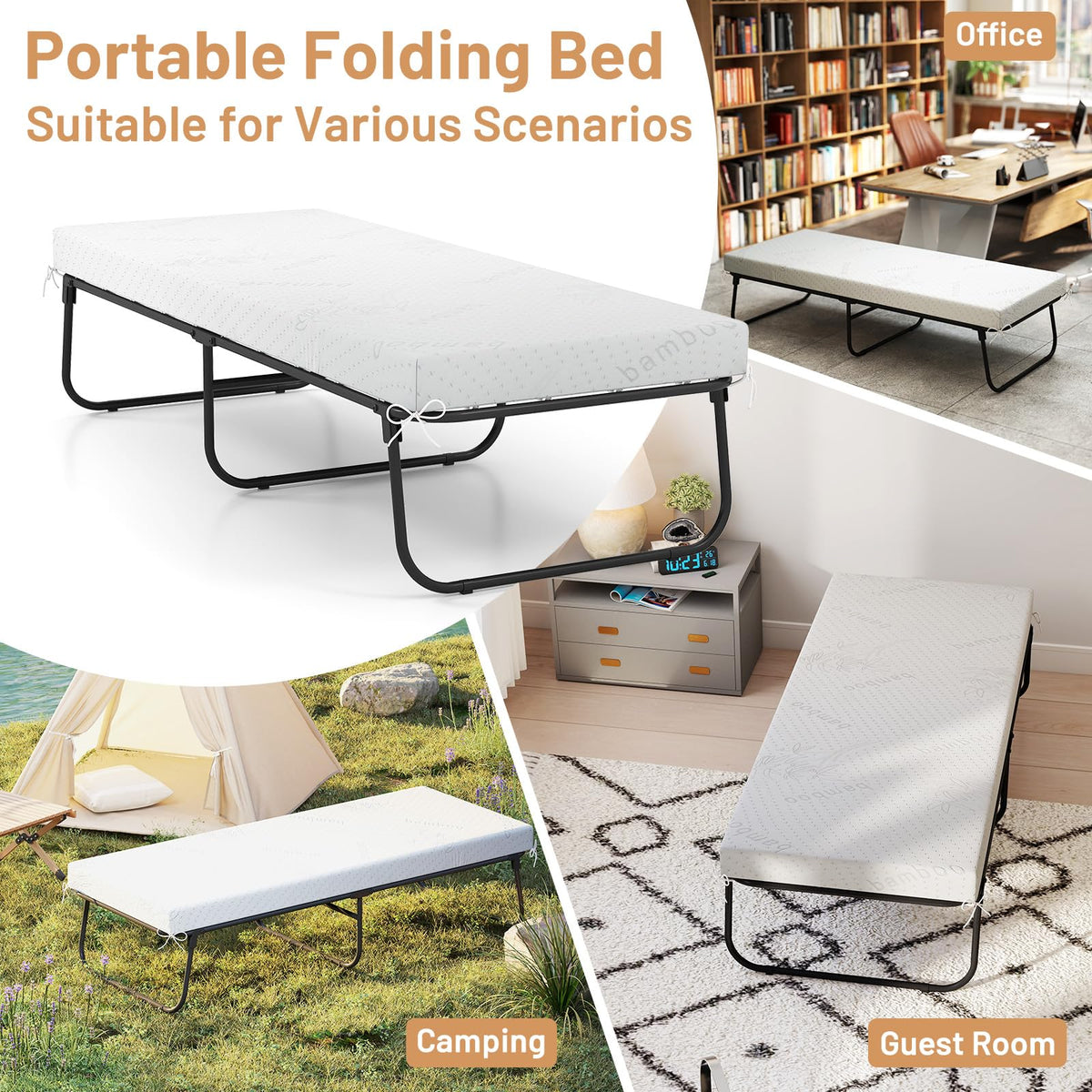 Folding Bed with Mattress Cot Size 75” x 31” Memory Foam Metal Frame V401