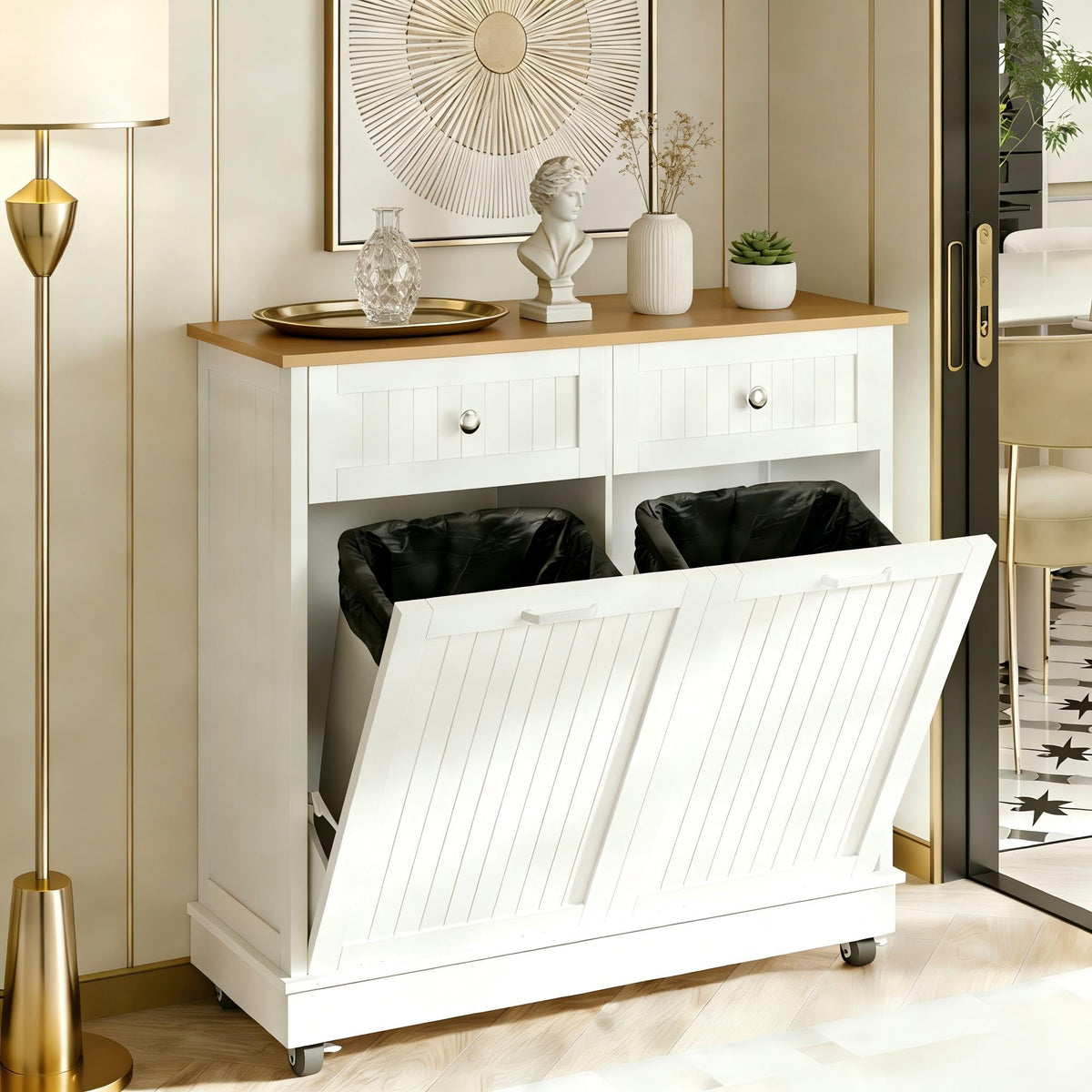 20 Gallon Wooden Tilt-Out Trash Can Cabinet with 2 Drawers, White H7314