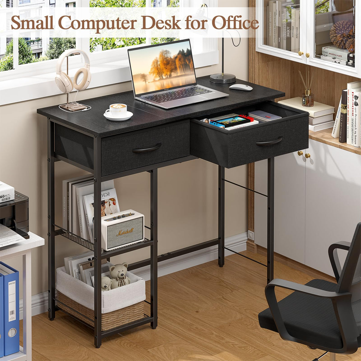 Black Small Writing Desk with 2 Drawers and Storage Shelf M447