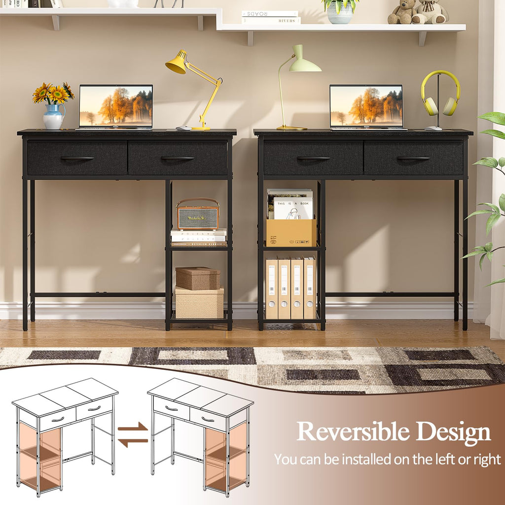 Black Small Writing Desk with 2 Drawers and Storage Shelf M447
