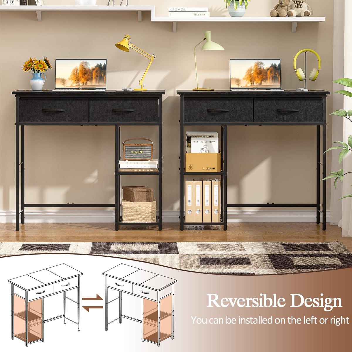Black Small Writing Desk with 2 Drawers and Storage Shelf M447