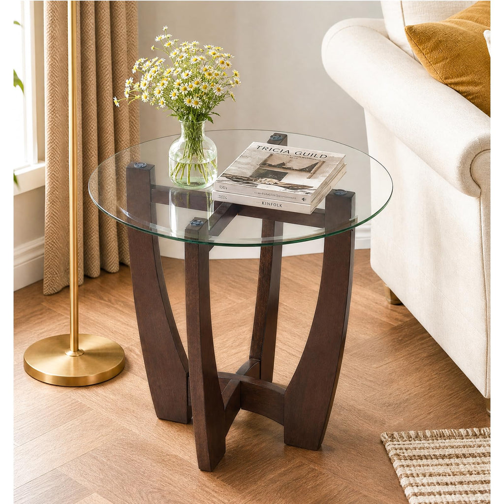 Round Glass End Table with Wood Base N4839