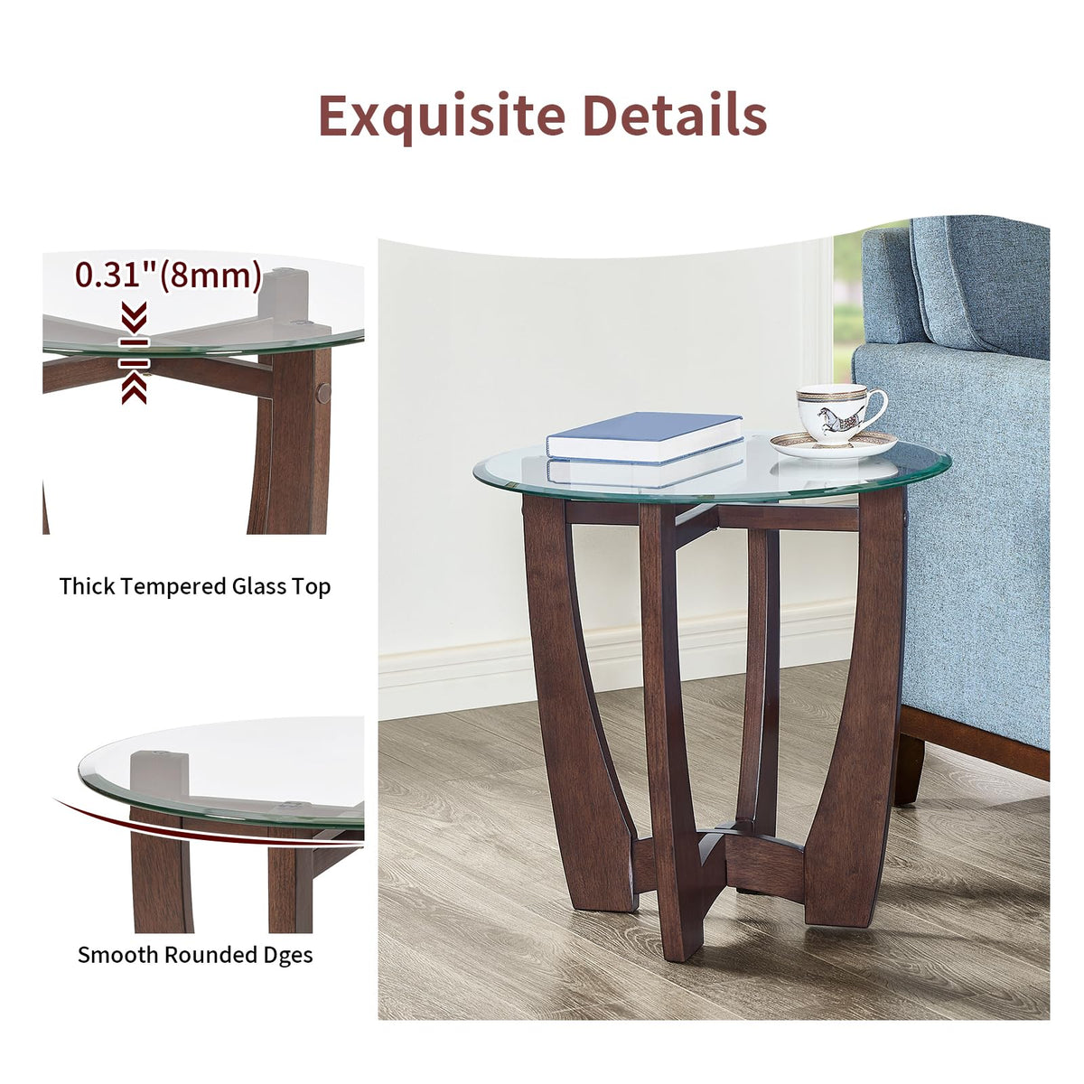 Round Glass End Table with Wood Base N4839
