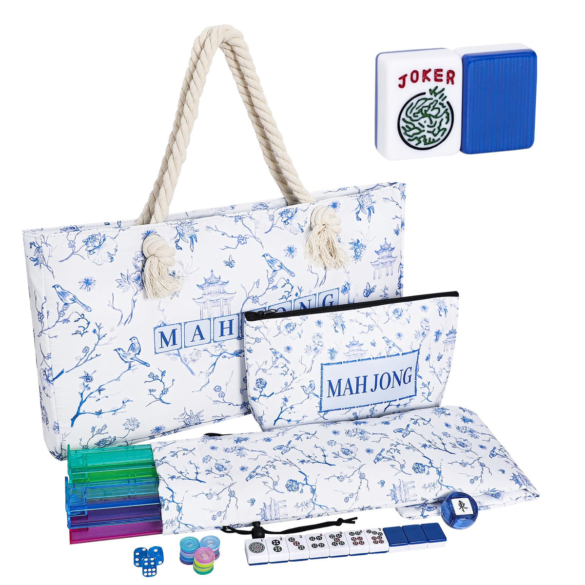 166 Blue Mahjong Tile Set with Bag and 4 All-in-One Rack/Pushers S84194