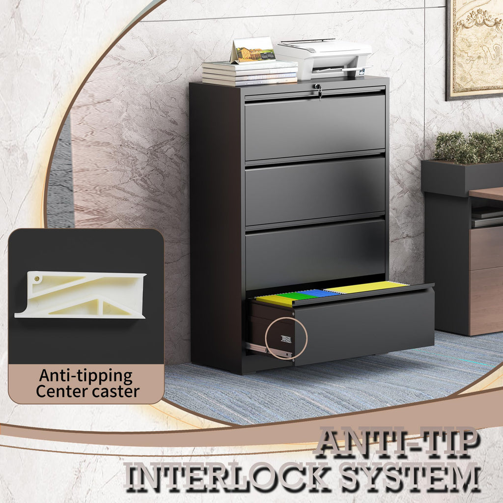 Black 4 Drawer Lateral File Cabinet with Lock F95266