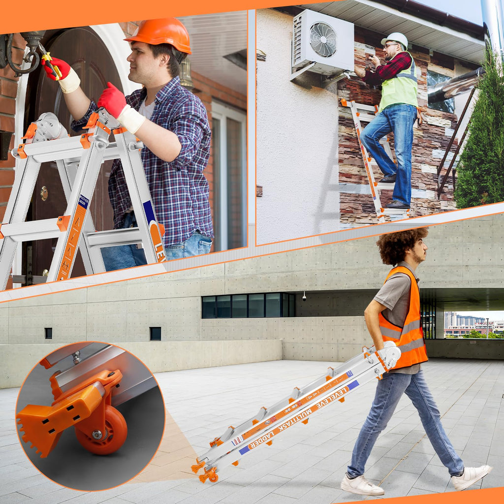 Telescoping A Frame Ladder, 17FT Multi Position Ladder with Stabilizer Bar & Wheels W3794