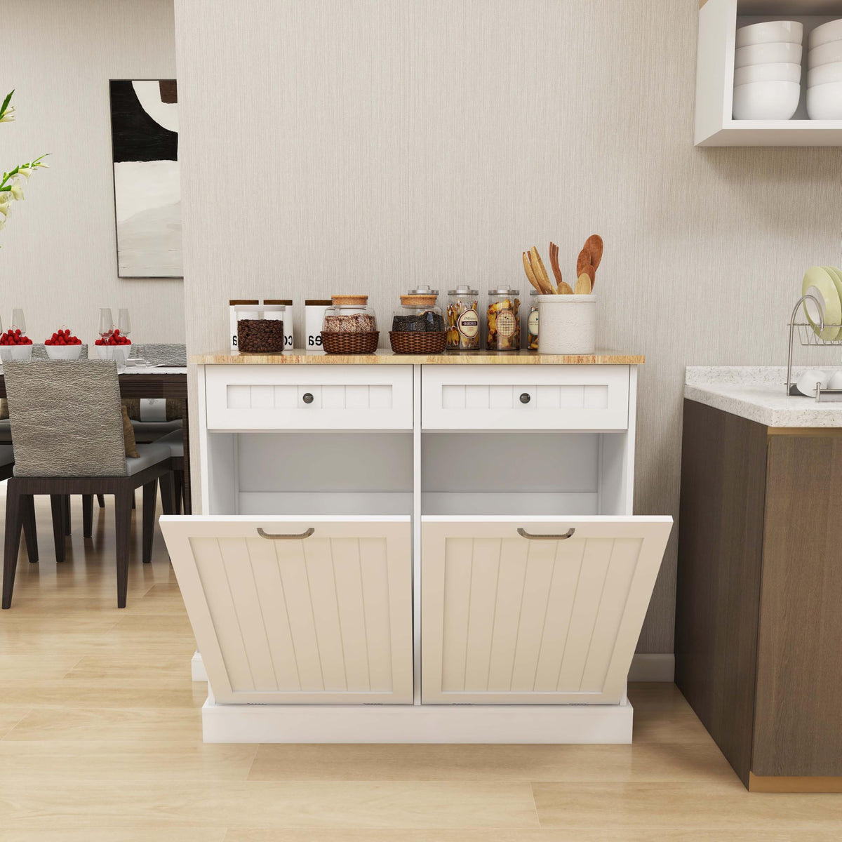 White Double Tilt Out Trash Can Cabinet with 10-Gallon Capacity J378
