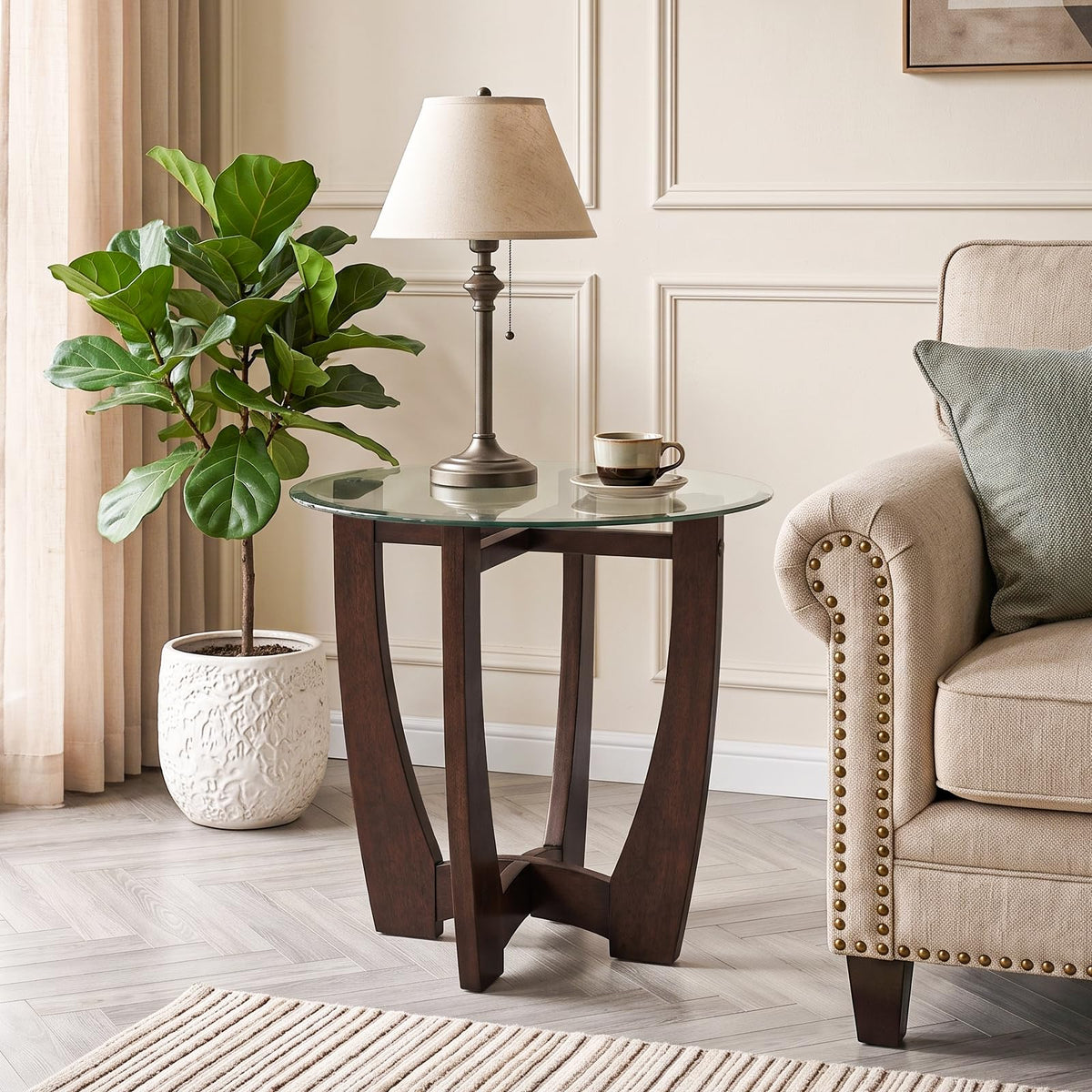 Round Glass End Table with Wood Base N4839